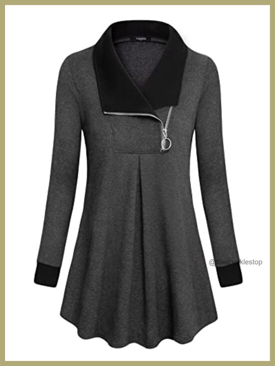 Tops - Women's Casual Swing Sweatshirt Long Sleeve Zip Lapel Tunic